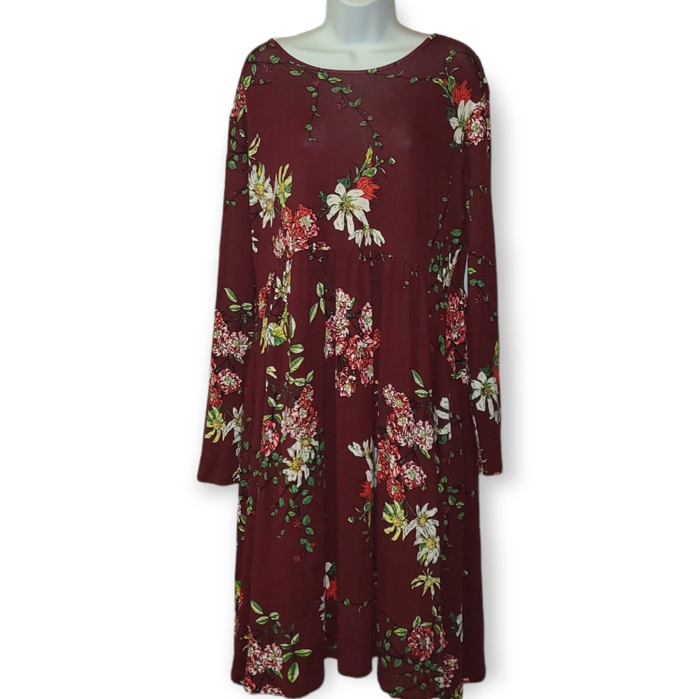 DB Moon Scoop Neck Long Sleeve Burgundy Colored Floral Relax Fit Midi Dress